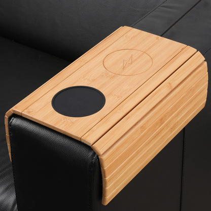 [PJ Collection] Bamboo Sofa Armrest Tray with Wireless Charging and Non-Slip Coaster Foldable 15W Fast Wireless Charger Sofa Armrest Organizer (without Side Pocket)